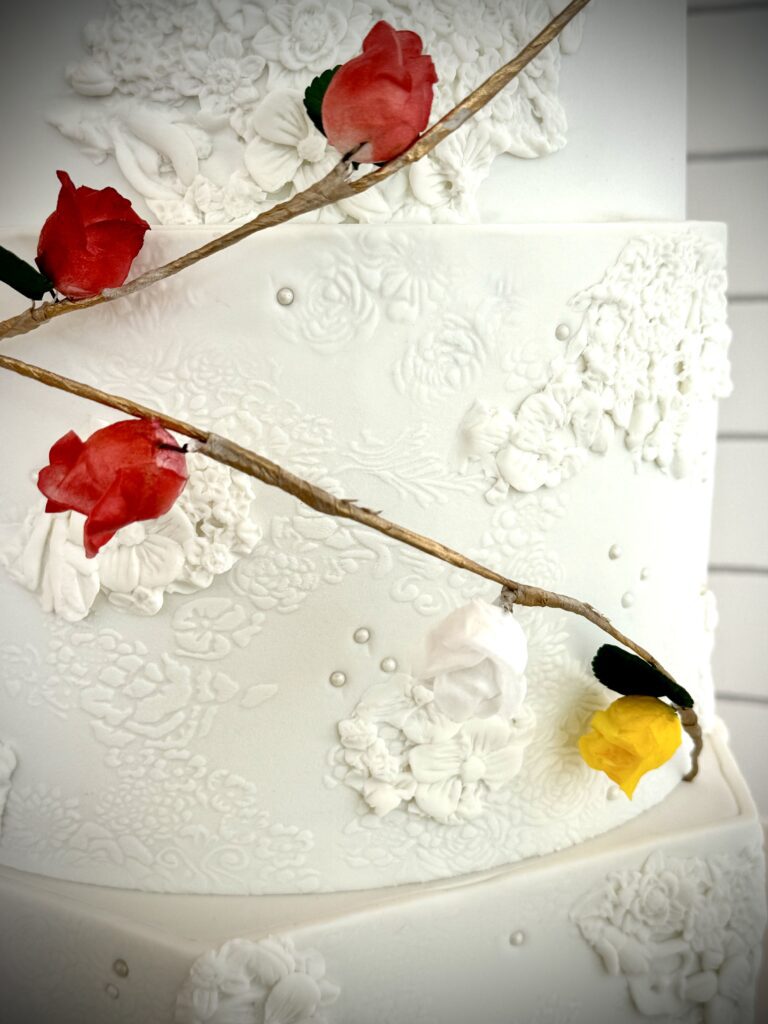 White Wedding Cake with Wafer Paper Flowers